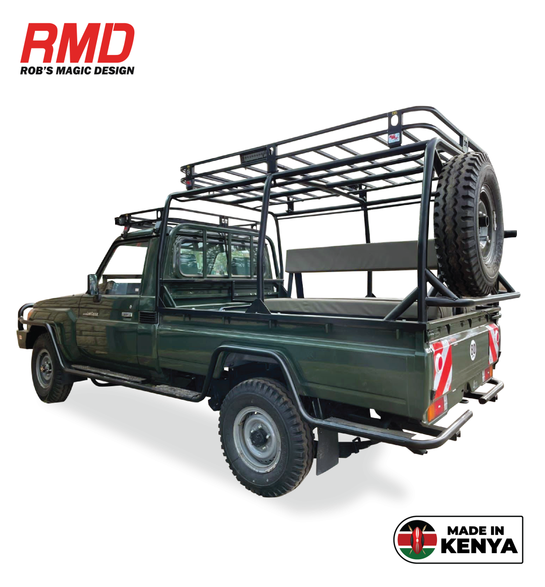 Toyota Land Cruiser 79 External Roll Cage with Roof Rack & 2 Spare Wheel Carriers on Rear of Cage