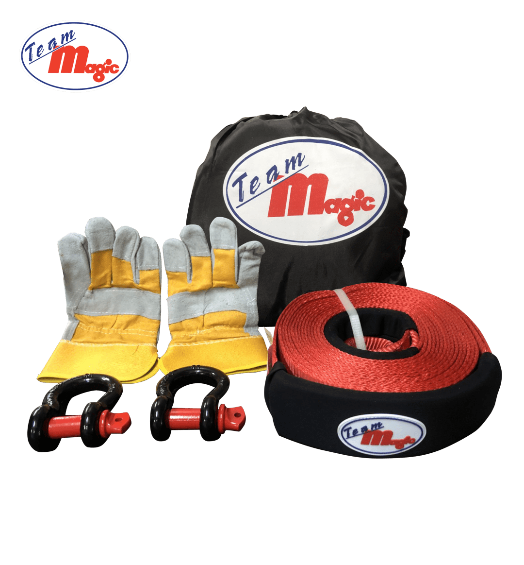 Recovery Towing Kit with Strap (8 cm x 9 Meters - 8 Tonnes), 2pcs Shackles and 1 Pair Gloves (Team Magic)